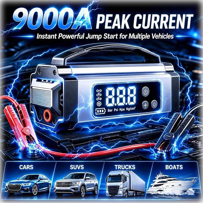 8000A Jump Starter with Air Compressor, 10-in-1 Portable Car Battery Booster and Tire Inflator Fast Charging Power Bank, Air Pump Battery Jumper Camping Road Trips Car Owner Gift