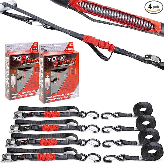 TorkStrap M500 | 14' x 1'' Self Tensioning Tie Down Straps - Automatically Adapt to Load Shifts - 1,500LB Break Strength - Pull Alternative to Ratchet Straps - Integrated Soft Loops & Hooks (4-PK)