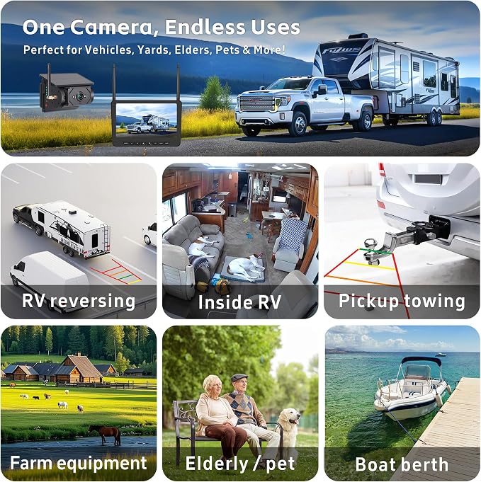 Magnetic Solar RV Backup Camera System – 7-Inch Wireless Monitor with Water Proof Solar Charging Camera, 1080P, Long Range, Mirror/Flip, for RV/Trailer/Truck