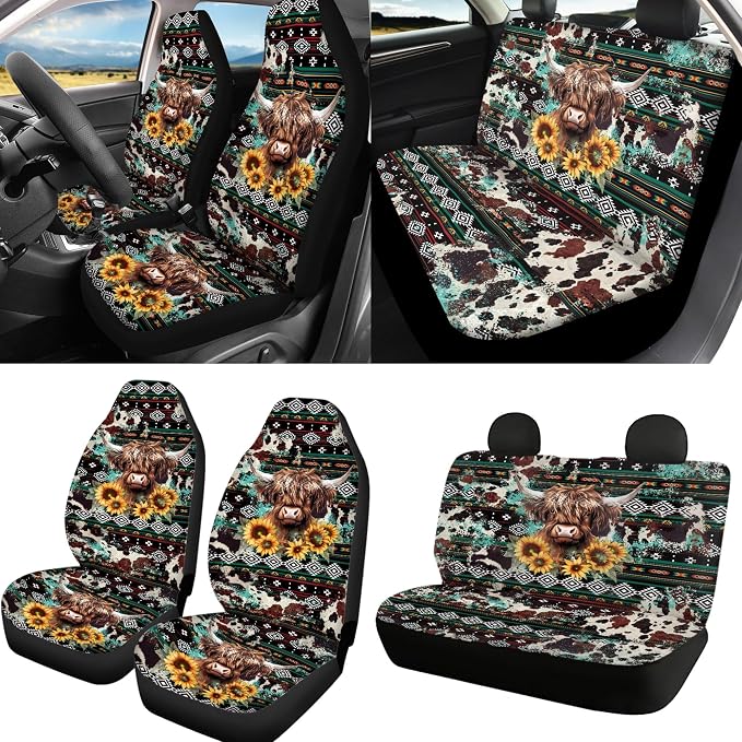 Highland Cow Print Automotive Car Seat Cover Full Set of 9, Breathable Stretchy Car Front Seats Rear Seats Cover with Steering Wheel Cover Seat Belt Pads Universal Car Accessories