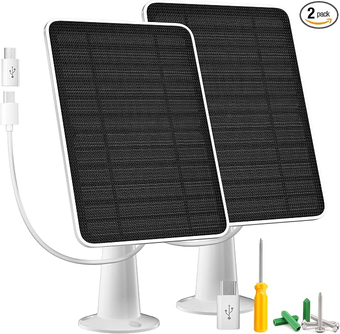 Solar Panel Charger Compatible with Arlo Essential 2K Outdoor(2nd Gen)/Essential XL Camera(2nd Gen)/Essential Spotlight, 5W Solar Panel with IP65 Waterproof 10ft Micro USB-C Cable & Wall Mount, 2 Pack