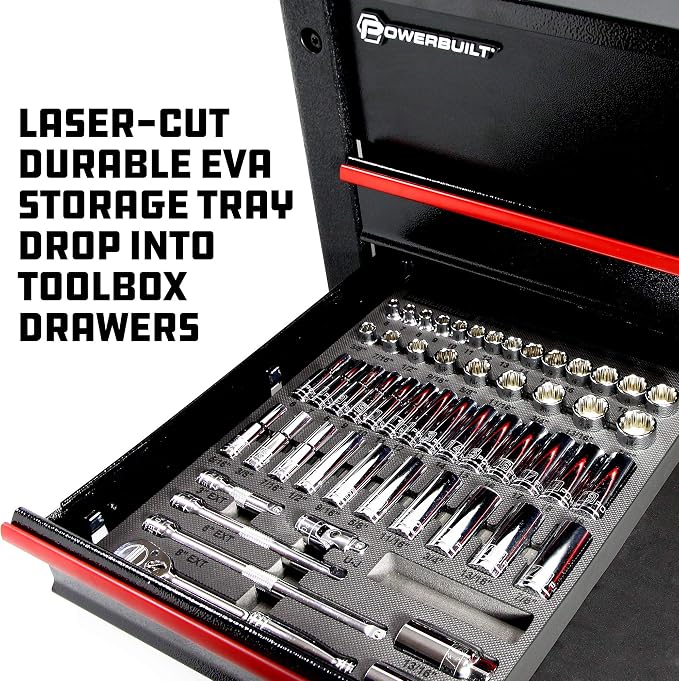 Powerbuilt Socket and Ratchet Tool Set, Extension Bars, Deep and Shallow Sockets, Organizer Tray, Pro Tech Series - 949005, 3/8-Inch, Silver, 54 Piece
