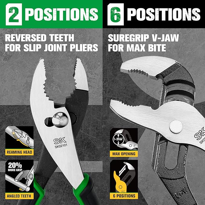 SK 5-Piece Pliers Set, 8" Needle Nose & Slip Joint & Diagonal Pliers, 9.5" Linesman, and 10" Groove Joint, CR-V Construction, Anti-slip Handle, with Rolling Pouch