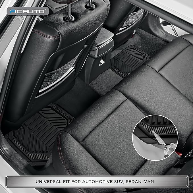 PIC AUTO Heavy Duty Rubber Floor Mats, Black Aluminum Film Car Mats Set, Front and Rear Car Mats with Anti-Slip Backing, All Weather Protection, Trim-to-Fit for Automotive SUV, Sedan, Van