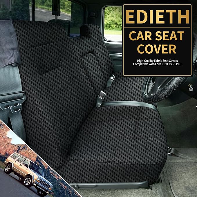 Truck Seat Covers for Ford F150 1987-1991 Front Bench Seat with Armrest and Molded Sandwich Composite Sponge Fabric - Black