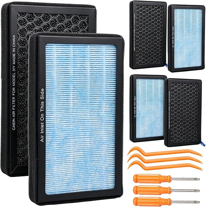 6 Pack Cabin Air Filter for Tesla Model 3 Model Y, HEPA Cabin Air Filter with Activated Carbon 4-Stage Filtration, Replacement for 2016-2025 Tesla Model 3/Y, Includes 3 Wrenches & 3 Pry Bars