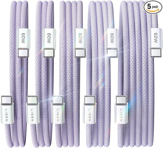 LISEN USB C Cable, 5-Pack [3.3/3.3/6.6/6.6/10FT] USBC to USBC Cable for iPhone 16e 15 Pro Max Charger Cord, 60W (3.1A) C to C Cable Fast Charging for Samsung S25/S24/23, Switch 2, iPad, MacBook,Purple
