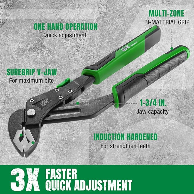 SK 8-Inch Quick Adjust Groove Joint Pliers & 3-Piece Adjustable Wrench Set, 6-Inch, 8-Inch, 10-Inch, Cr-V Steel