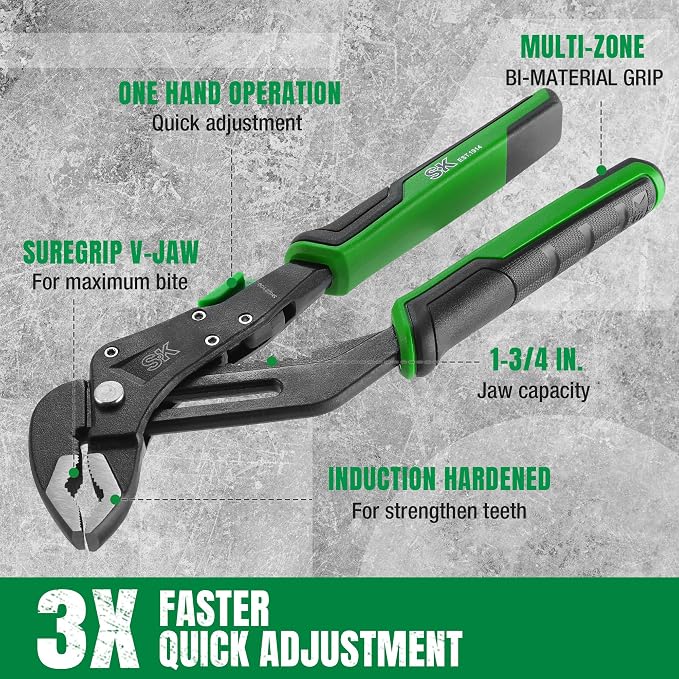 SK 8-Inch Quick Adjust Groove Joint Pliers & 2-Piece Adjustable Wrench Set, 10-Inch, 12-Inch, Cr-V Steel