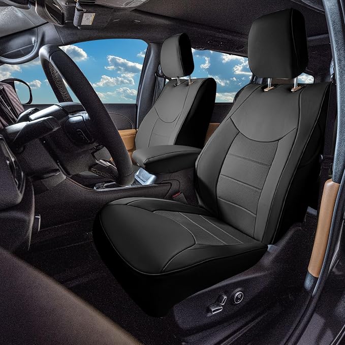 FH Group Custom Fit Car Seat Covers Specifically Made for Chrysler Pacifica 2021-2025 Front - Front Set (with DVD & Armrest), Faux Leather, Black