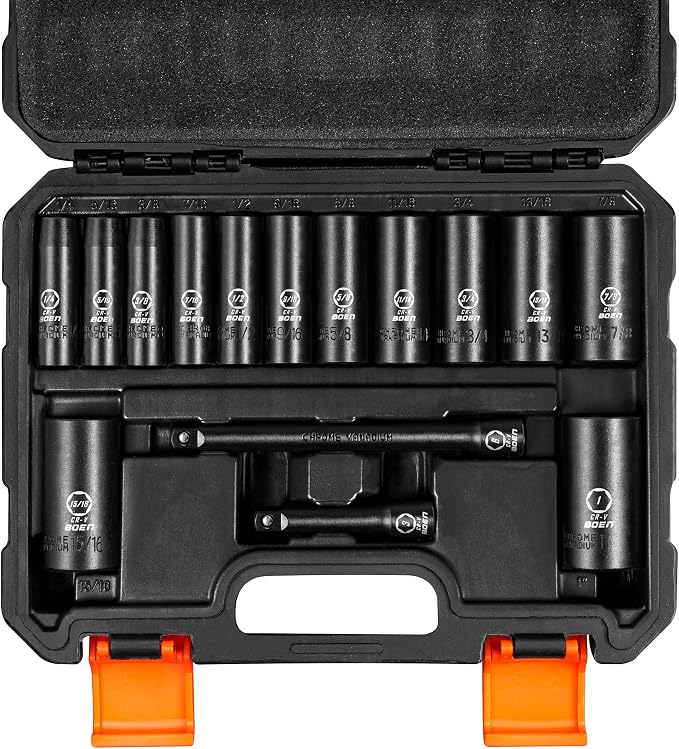Boen 35 Pieces Impact Socket Set, 1/2 Inch Drive & 3/8 Inch Drive SAE (1/4" to 1") and Metric (10-24mm), Extension Bars, Universal Joint and Adapter, 6 Point Design, Meets ANSI Standards
