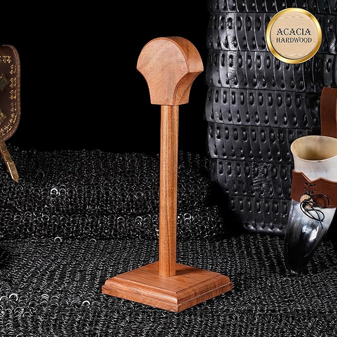 Mythorjan Wooden Helmet Stand Display Décor Stand For Spartan, Templar, Motorcycle, Caps, Hat Decorative Desktop Hanger Rack LARP Helmet Stand, 21 Inch - Natural