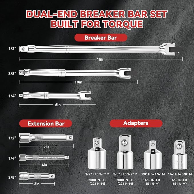 10PC Breaker Bar Set, Dual-end 3 Extension Bars, 3/8", 1/2" 1/4" Drive | 3/8", 1/2" and 1/4" Drive, 180° Rotatable Head, 6'', 10'', 15'' Length, 3 Extension Bars, Organizer Case