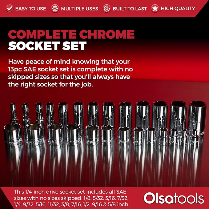 Olsa Tools SAE Shallow Socket Set - 1/4-Inch Drive, 13pc - 6-Point Chrome Sockets 1/8" to 5/8" and No Skipped Sizes - Mechanic Shallow SAE Socket Set - Professional Grade Short Sockets - Part: 1330