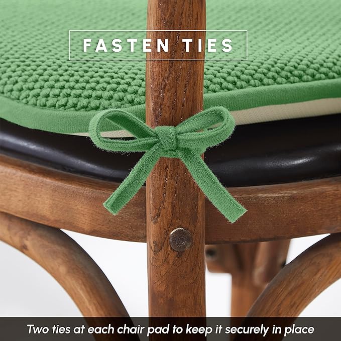 Elegant Comfort Chair Cushion Covers with Ties and Non Skid Rubber Backing-Thick Memory Foam - Soft Cushion Pad- Rounded Square Seat Cover-16 x 16 Inches- Honeycomb Textured Pattern, Set of 4, Green