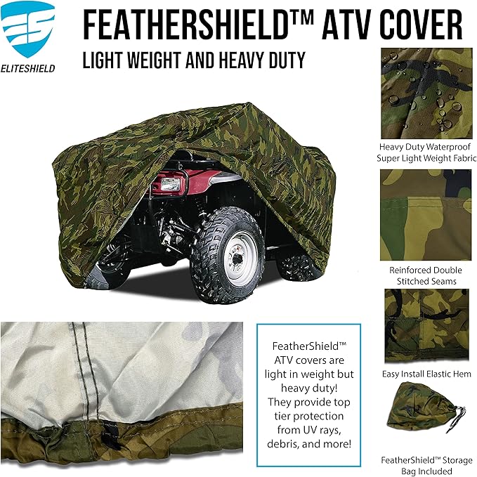 EliteShield Lightweight ATV Cover, Weatherproof Quad Cover, Water and Wind Resistant Four Wheeler Cover for Polaris Kawasaki Yamaha Suzuki Honda Arctic Cat Can-Am, Camo Color fits up to 86" Long