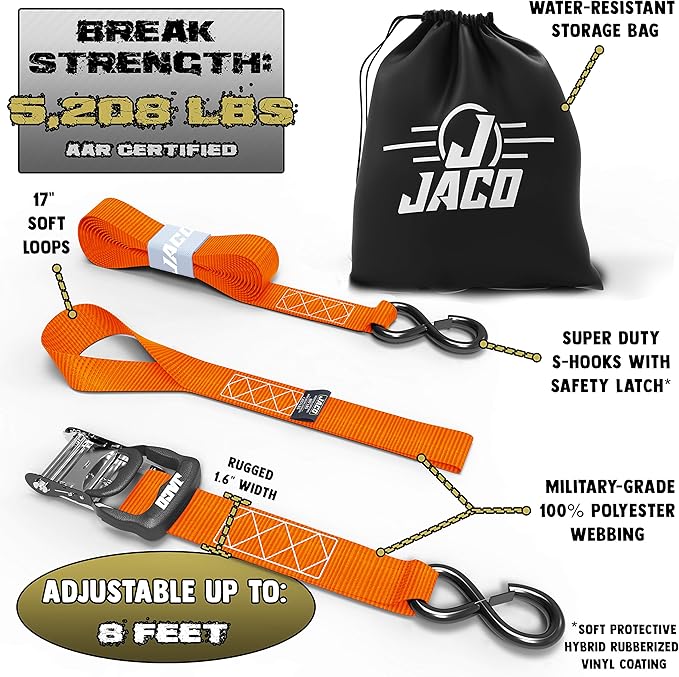 JACO Heavy Duty Ratchet Straps - 1.6 inch x 8 ft (Pack of 4) | Tie Down Kit with Soft Loops - 5,208 lbs (Orange)