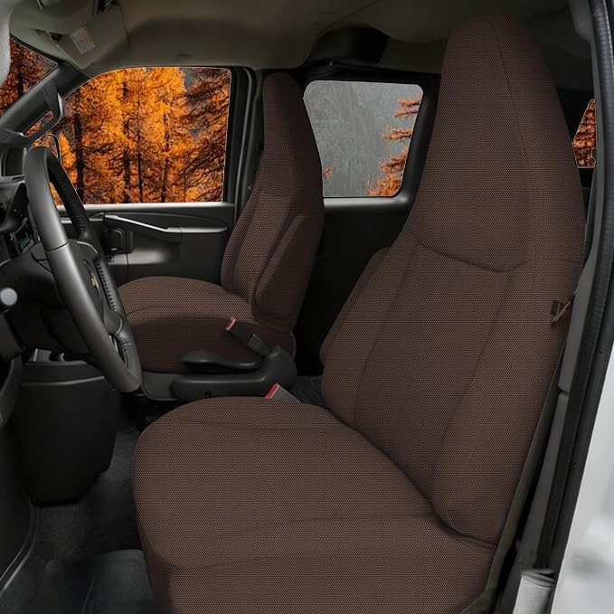 ESMING Front Heavy-Duty Oxford Fabric Seat Covers for Chevy Express 1996-2025 Front Bucket Seats Waterproof and Wear-Resistant, Easy to Install - Brown