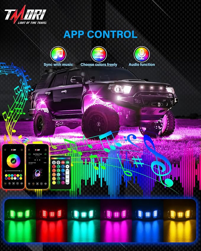 Rock Lights for Trucks: 4 Pod RGBW Underglow Light for Trucks with App Control Featuring Flashing Music Sync Mode All Aluminum Housing IP68 Waterproof Rock Lights for ATV UTV SUV RZR Truck Accessories