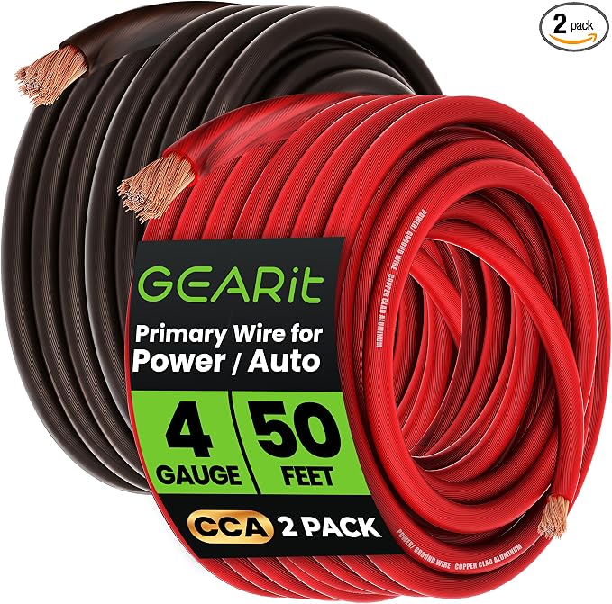 GEARit 4 Gauge Wire 50 ft Each Black/Red Set, 4 AWG Battery Cable CCA, 4 Gauge Power Ground Wire for Car Audio Amp, Automotive, RV, Trailer