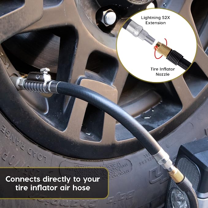 JACO Superior Products SmartPro 12V Tire Inflator Air Compressor (Max 100 PSI) with Lightning S2X Locking Hose Extension Nozzle (Bundle)