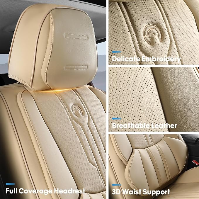 AOOG Seat Covers Custom Fit for Dodge Ram 1500/2500/3500 2002-2025 Faux Leather Seat Cover Set Compatible with Crew, Regular, Quad, Mega Cab, Car Truck Cushions (Beige, Curved Rear, Full Set)