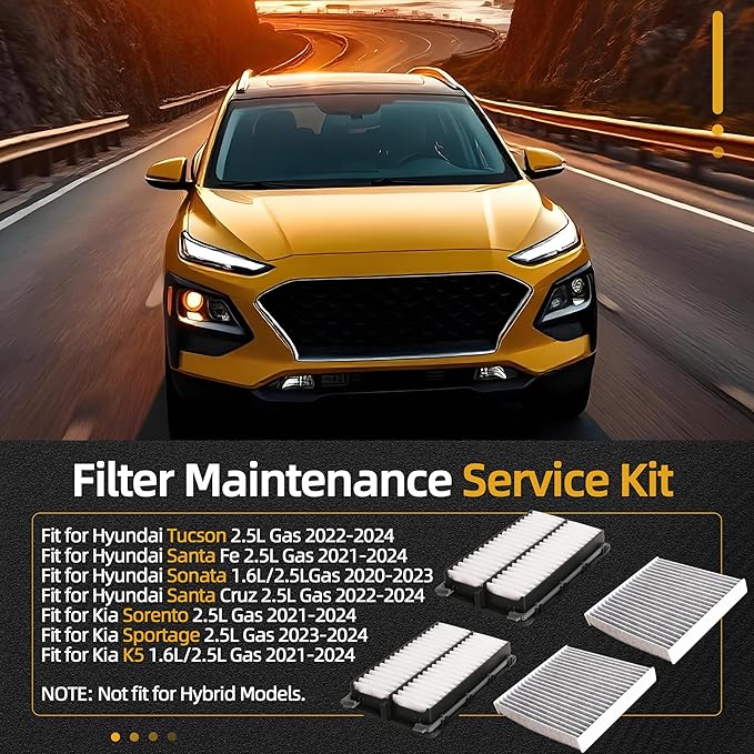 Engine Air Filter & Cabin Air Filter for Hyundai Tucson/Santa Fe/Santa Cruz 2022-2024, for Hyundai Sonata 2020-2023, for Kia Sorento/K5 2021-2024, 2.5L Gas, OE# 28113-L1000 97133-L1000