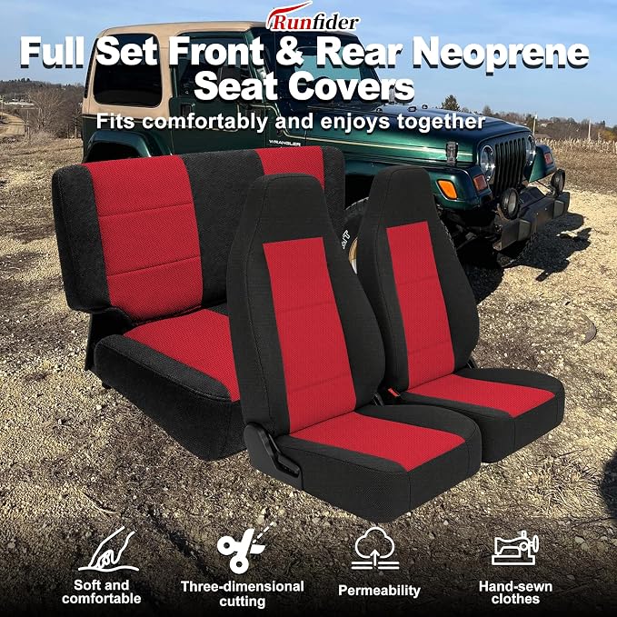 Custom Seat Covers for Jeep Wrangler TJ 1997 1998 1999 2000 2001 2002 Heavy Duty Cloth Protector Interior Accessories，Waterproof & Machine Washable, Foam Padded - Red（Front & Rear）
