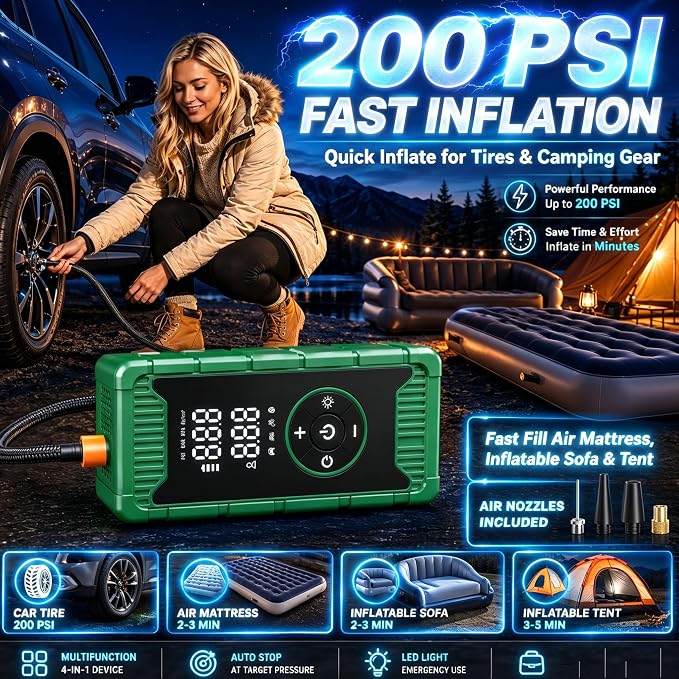 8000A Jump Starter with Air Compressor, Portable Tire Inflator and Battery Jumper, German-Tech Fast Charging Power Bank for Car Owner, Camping, Road Trips Emergency Preparedness Gift
