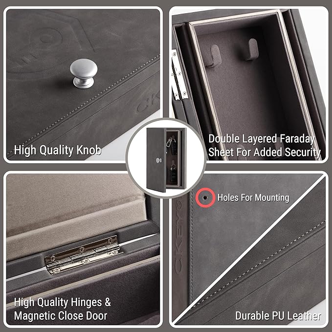 CKEYURE Premium XL PU Leather Faraday Box for Car Keys Wall Mount | Anti Theft Faraday Key Fob Protector | Faraday Cage | Car Key Holder | RFID Key Box | Key fob Signal Blocker