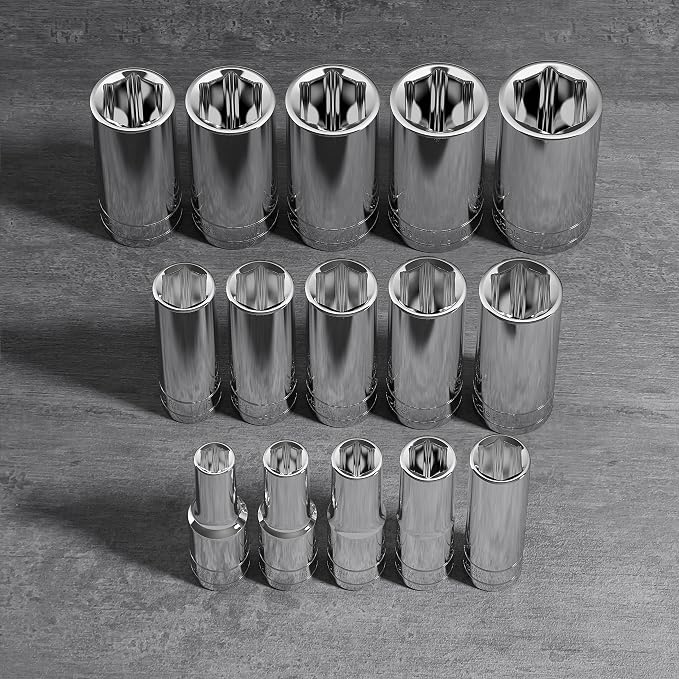 Olsa Tools SAE Deep Socket Set - 1/2-Inch Drive, 18pc - 6-Point Chrome Sockets from 3/8" to 1-1/4" and No Skipped Sizes - Mechanic Deep SAE Socket Set - Professional Grade Long Sockets - Part: 1319