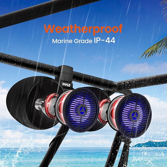 Pyle Dual Waterproof Off-Road Speakers - 6.5" 200W 2-Way Marine Wakeboard Tower Sound System w/LED Light, Full Range Outdoor Stereo Speaker for Car, ATV, UTV, Jeep, Boat, Includes Brackets (Black)