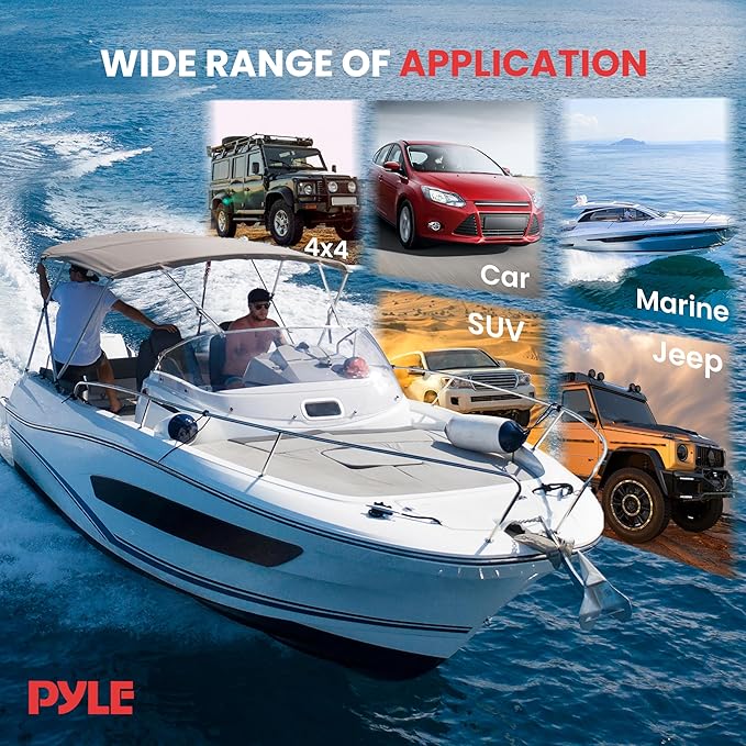 Pyle Auto 4-Channel Marine Amplifier - 200 Watt RMS 4 OHM Full Range Stereo with Wireless Bluetooth & Powerful Prime Speaker - High Crossover HD Music Audio Multi Channel System PLMRMB4CW White