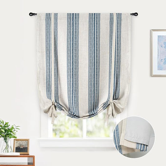 DriftAway Chris Double Layer Linen Blackout Tie Up Curtains Thermal Insulated Fully Lined Vertical Striped Balloon Roman Shade Bathroom Window Adjustable Rod Pocket 31 Inch by 47 Inch Jean Navy