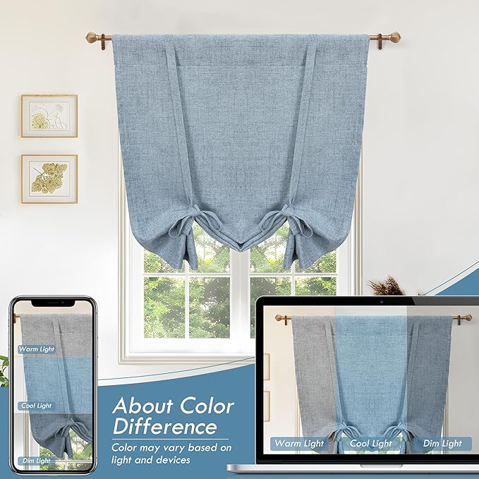 DriftAway Double Layer Linen Blackout Tie Up Curtains Thermal Insulated Fully Lined Balloon Roman Shade Bathroom Window Adjustable Rod Pocket for Small Window 31 Inch by 47 Inch Dusty Blue