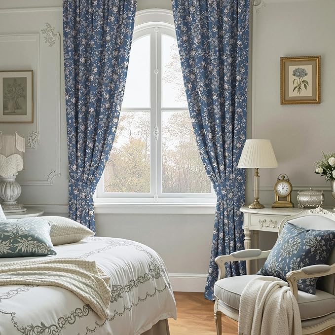 StangH Vintage Floral Velvet Curtains for Living Room, Slate Blue Printed Bedroom Drapes with Rose Pattern Victorian Energy Efficient Privacy Panels for Home Office, W52 x L84, 2 Panels