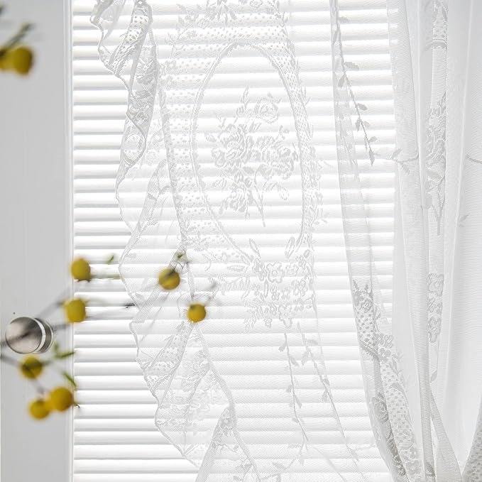 Sutuo Home White Lace Curtains Set of 2, Sheer Panels 63 Inch Length Rose Floral Embroidery Vintage Voile Window Treatment Pair for Bedroom Living Room, Shabby Chic Decor Rod Pocket, W57 x L63
