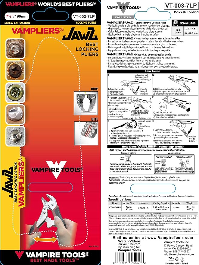VAMPLIERS 2-PC Screw Extraction Pliers Set. Includes: 7.5" VISE-GRIP LOCKING PLIERS + 7" BOSS Stripped Screw Removal Pliers. Unique Non-slip Jaws.