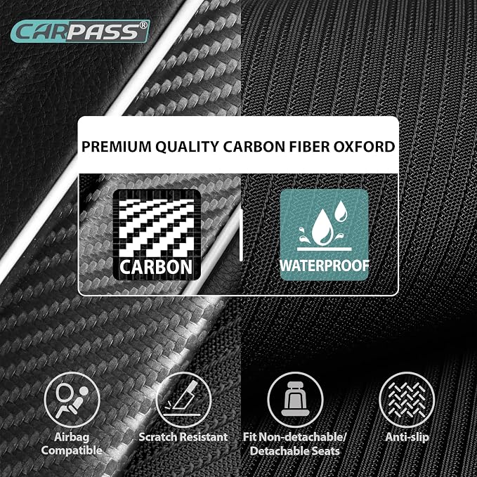 CAR PASS High Back Car Seat Cover Two Front Seats, Sporty Carbon Fiber 3D Waterproof Oxford Luxury Leather All Weather Bucket Seat Cover, Airbag Compatible Universal Fit Car Suv Sedan Truck Black Gray