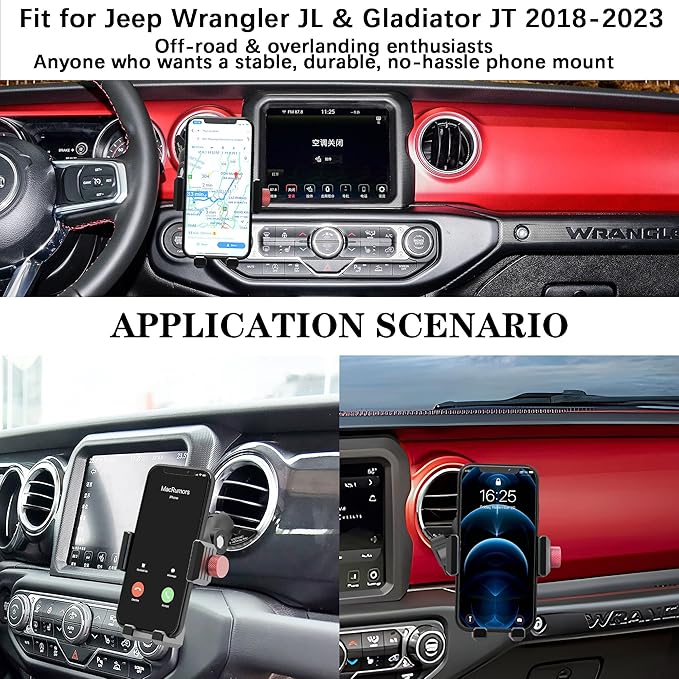 Upgraded Aluminum Vent Phone Mount for Jeep Wrangler JL & Gladiator JT (2018-2023) & Sahara | Stable Off-Road Car Phone Holder | No Block AC Vent | 360° Rotatable for iPhone & All Smartphones