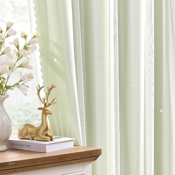 XiDi Sage Green Blackout Curtains for Kids Bedroom 72 Inch Length 2 Panels Double Layer Curtains with Sheer Overlay Privacy Thermal Insulated Grommet Window Star Curtains for Living Room W34 x L72