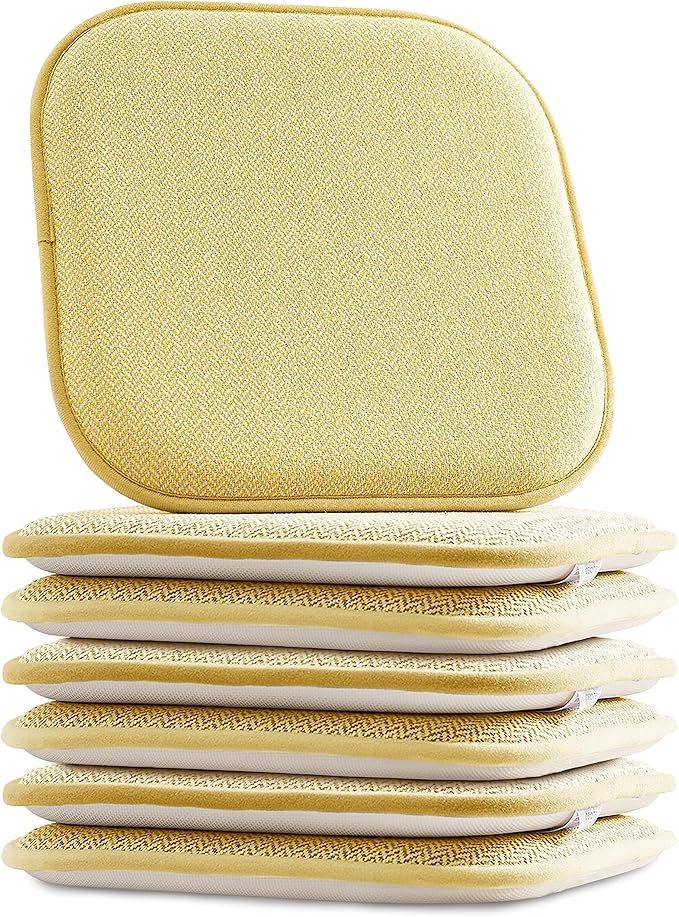 Elegant Comfort Chair Cushion Covers with Ties and Non Skid Rubber Backing-Thick Memory Foam - Soft Cushion Pad- Rounded Square Seat Cover- 16 x 16 Inches - Set of 6 Chevron Textured Pattern, Yellow