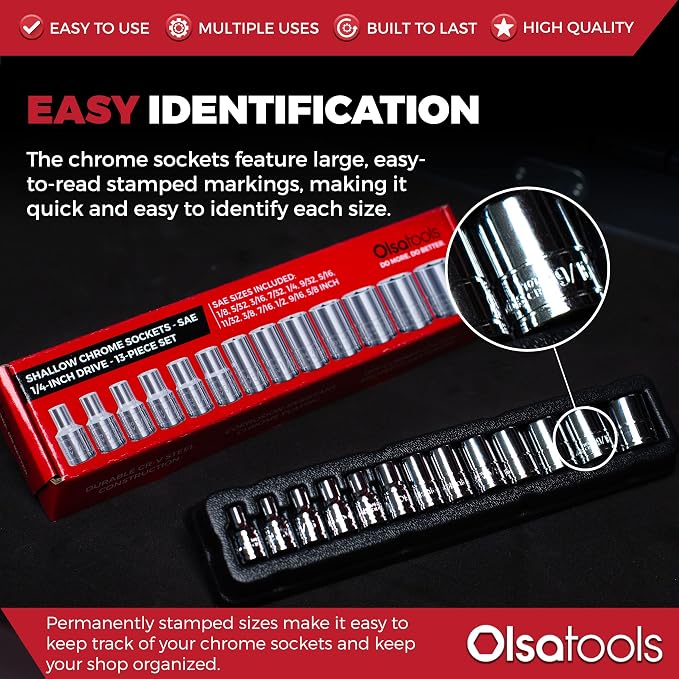 Olsa Tools SAE Shallow Socket Set - 1/4-Inch Drive, 13pc - 6-Point Chrome Sockets 1/8" to 5/8" and No Skipped Sizes - Mechanic Shallow SAE Socket Set - Professional Grade Short Sockets - Part: 1330