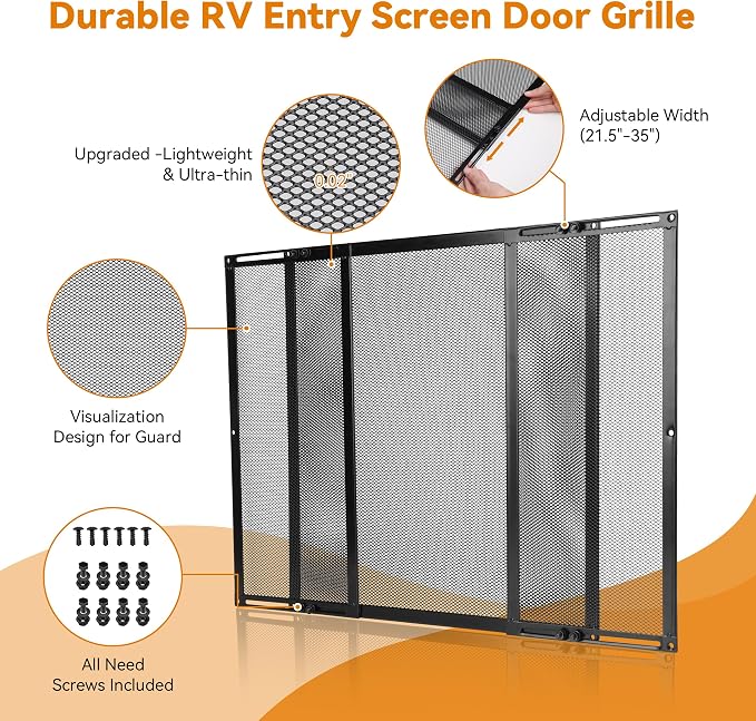 RVZONE Premium RV Screen Door Protector Adjusts from 21.5"- 35", Lightweight RV Entry Screen Door Grille Adjustable Metal Screen Defender for RV Door Camper Screen Door Protector for Dogs Kids