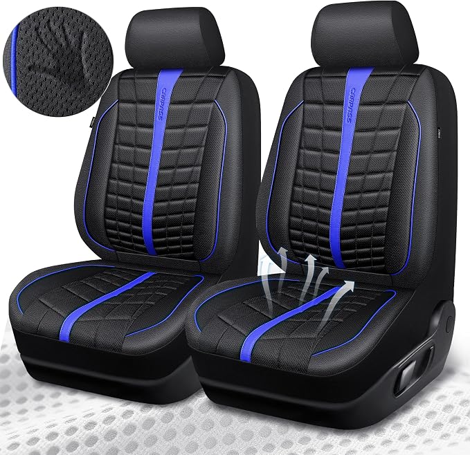 CAR PASS 3D Air Mesh Black Blue Seat Covers for Car,Leather Car Seat Cover Front Seats,Breathable Foam Premium Leather Mesh Front Seat Covers Universal Fit for Cars Sedans Trucks Vans SUVs,Black Blue
