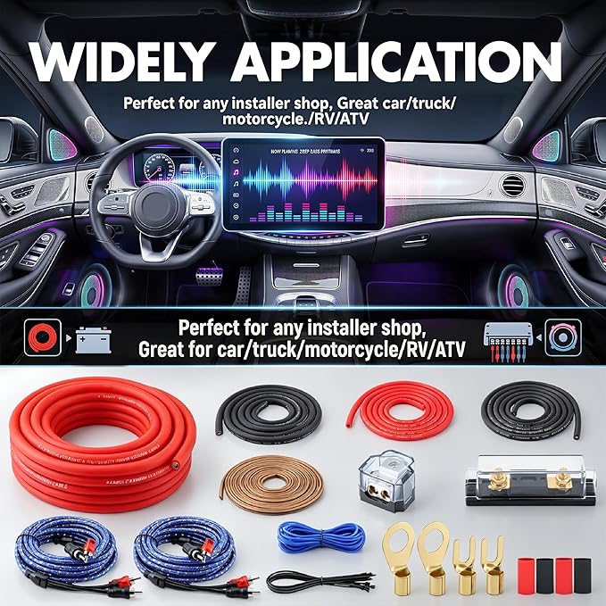 4 Gauge Dual Amplifier & Subwoofer CCA Wiring Kit - with 100A ANL Fuse, 17FT OFC RCA Cables & 14AWG Speaker Wire | Complete Power/Ground Wire Set with Distro Block