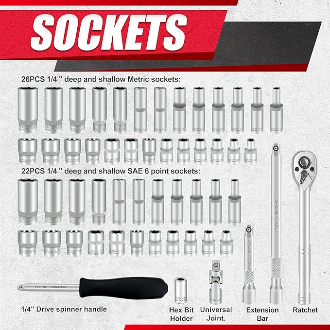 EACELIY 54pcs 1/4" Socket Set,Drive Impact Socket Set, SAE/Metric, Deep & Shallow with Universal Joint,Extension Bars,Hex Bit Holder, Spinner Handle,Ratchet,Cr-V Steel，6 Point，4-14mm，5/32-9/16 inch