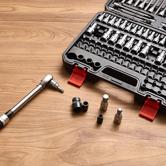 VEVOR Bit Socket Set, 107-Piece SAE and Metric, Hex/Torx/External Torx/Tamper-Proof/Extra Long, S2 Alloy Steel and Cr-V Steel, 1/4 in, 3/8 in, and 1/2 in Drives, with Enhanced Storage Case, Hand Use