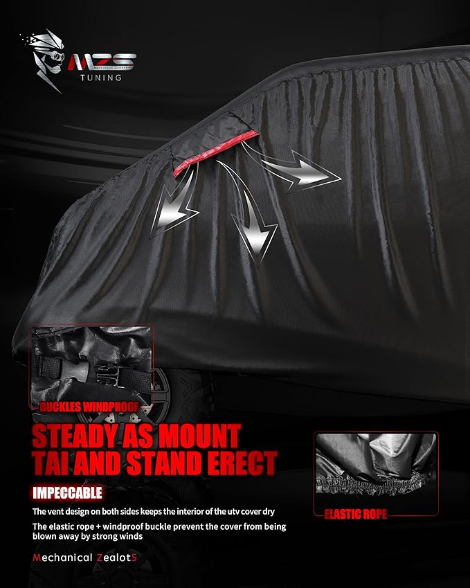 MZS UTV Cover, All Weather Waterproof Side by Side Cover Protection Universal fits up to 120 inch Utility Vehicle Covers - Vents Night Reflective Tear Wind Proof Adjuster Buckle Storage Bag