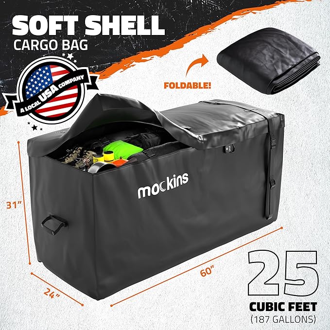 Mockins 25 CuFt XL Heavy Duty Trailer Hitch Cargo Carrier Bag | 60"x24"x31" All-Weather Cargo Bag for Hitch Carrier | Waterproof Truck Bed Storage | Vehicle Soft-Shell Carriers w/Straps, Lock, & Case